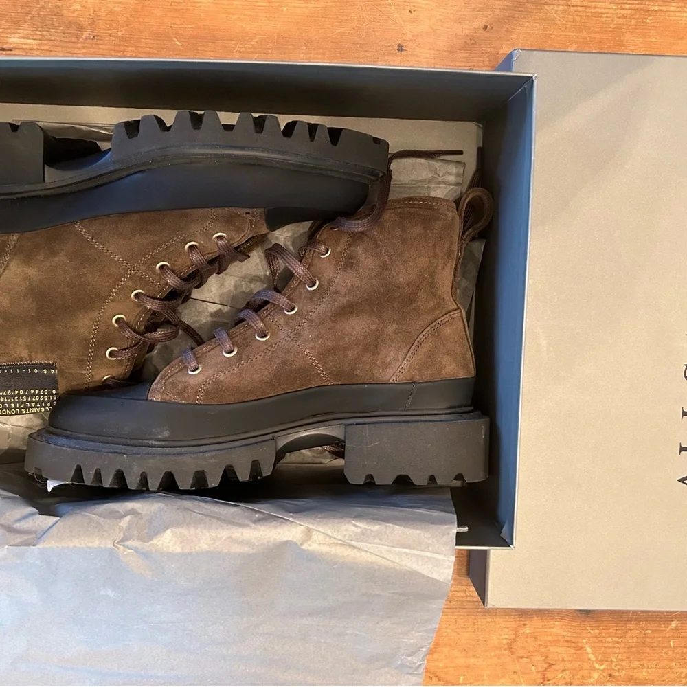 NWT All Saints Myla suede boot in olive/brown with black trim - Picture 7 of 13